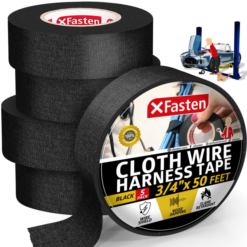 XFasten Wire Harness Tape, 3/4-Inch x 50-Foot (5-Pack), High Temp Wiring Loom Harness, Self-Adhesive Felt Cloth Electrical Tape for Automotive Engines, Noise Dampening, and Cable Protection - Image 1